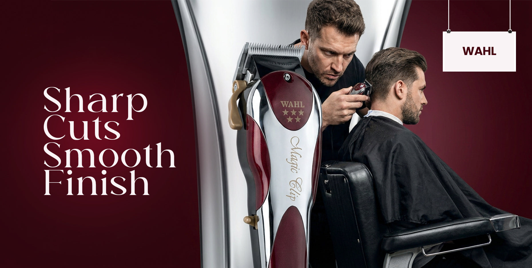 Professional barber using Wahl clippers for a sharp haircut on a client, highlighting precision and style.