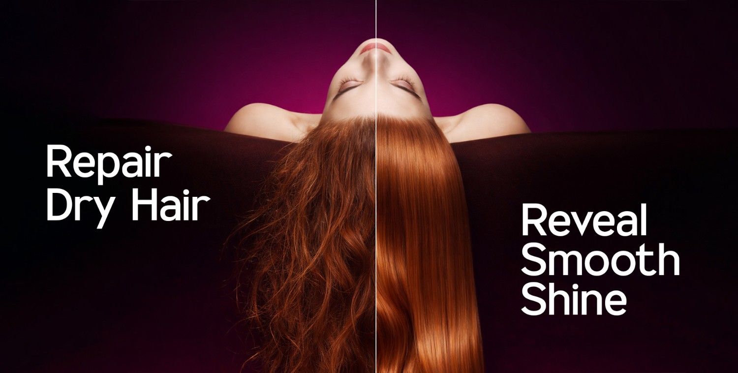 Woman with dry, frizzy hair on one side and smooth, shiny hair on the other, illustrating repair.