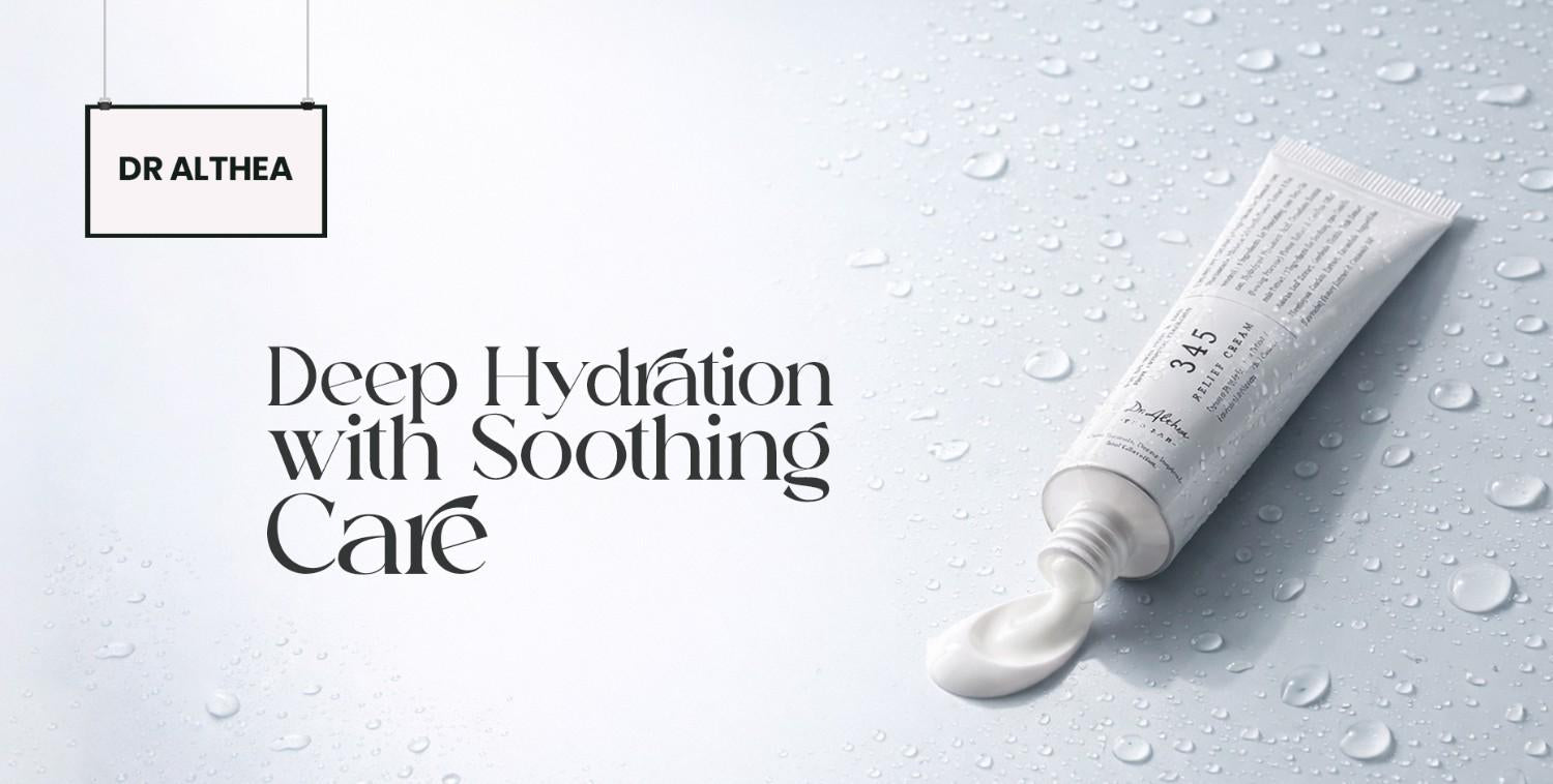 Dr. Althea skincare: white cream tube with squeezed product, surrounded by water droplets, conveying deep hydration.