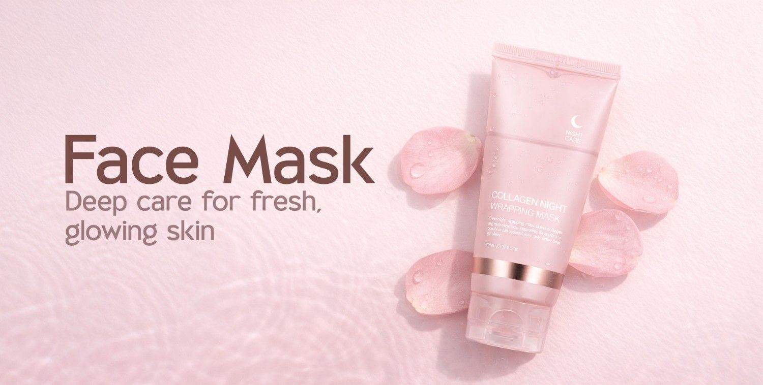 Pink collagen night wrapping mask with water droplets and rose petals for glowing skin.