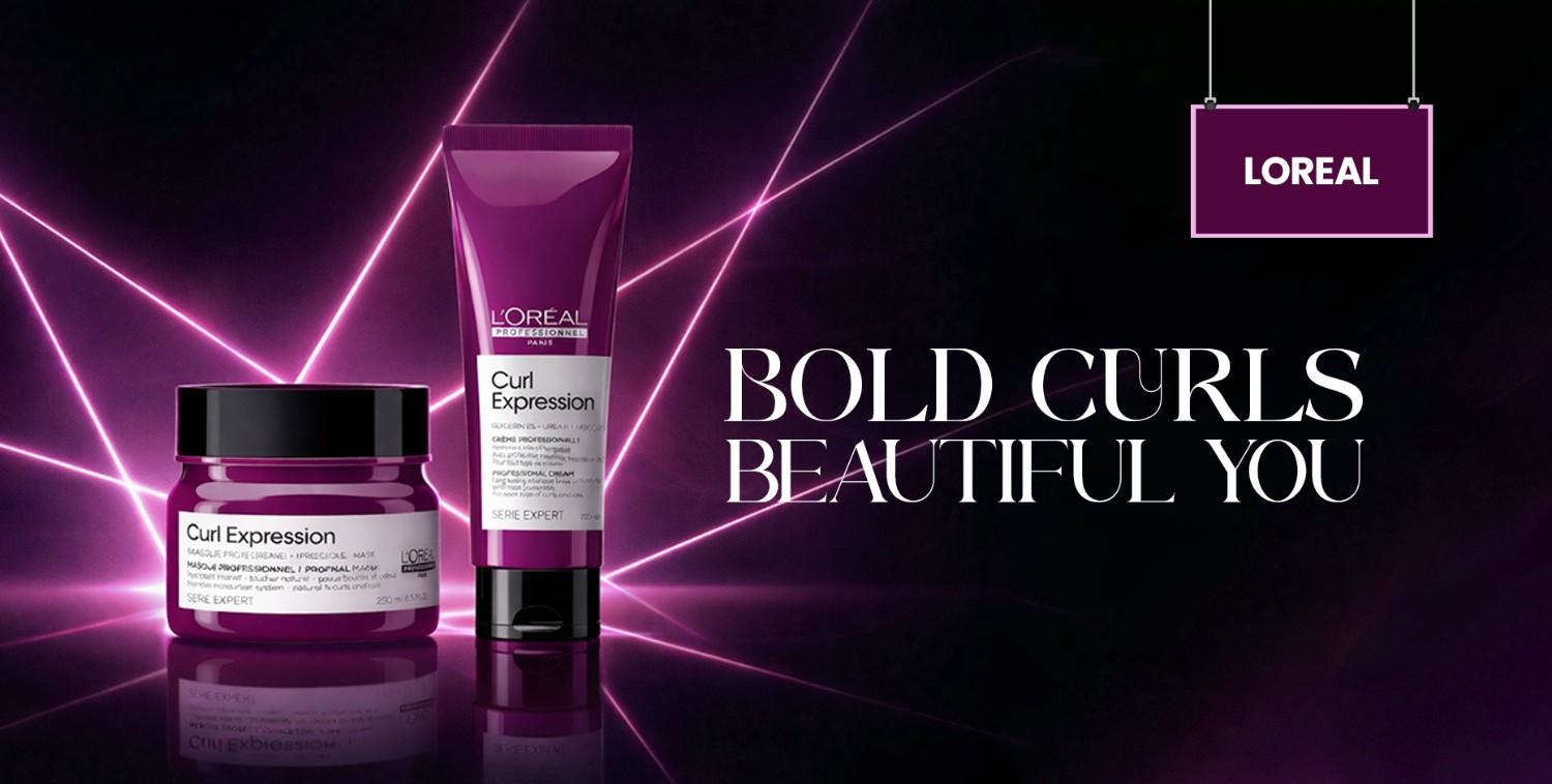 L'Oréal Professionnel Curl Expression products in vibrant purple, with "Bold Curls Beautiful You" text.