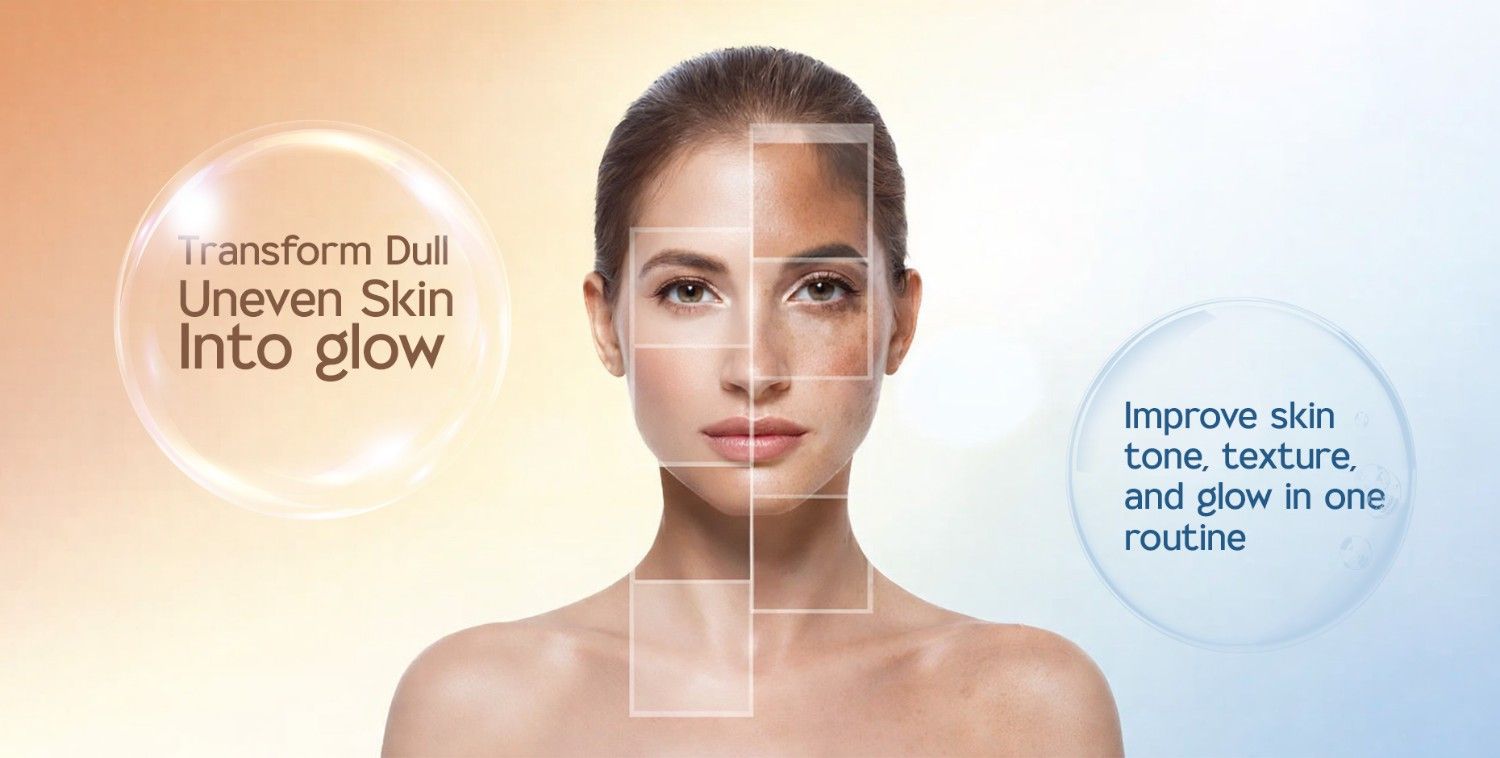 Woman's face, half with uneven skin, half with clear, glowing skin, representing transformation.