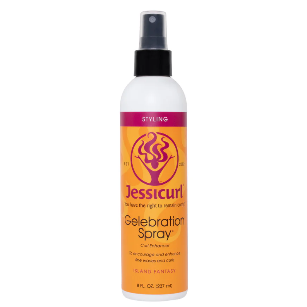 White Jessicurl Gelebration Spray bottle with an orange label, black cap, and "Island Fantasy" scent.