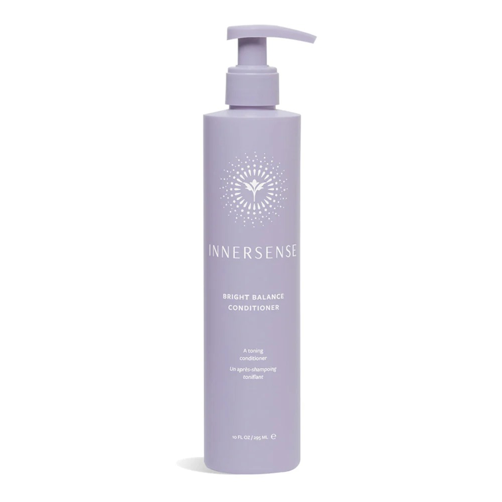 Innersense Bright Balance purple conditioner in a 10 fl oz pump bottle with white text and logo.