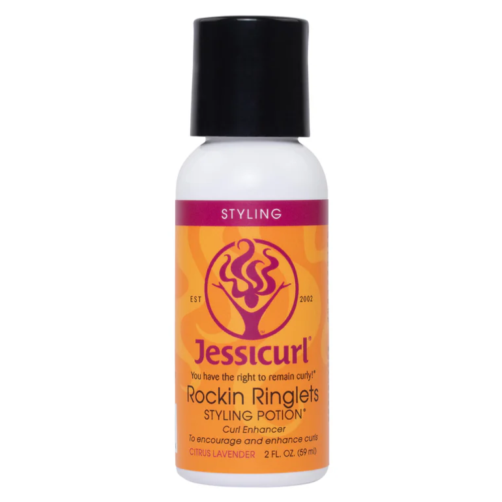 White Jessicurl Rockin' Ringlets Styling Potion bottle with orange and purple label, black cap.