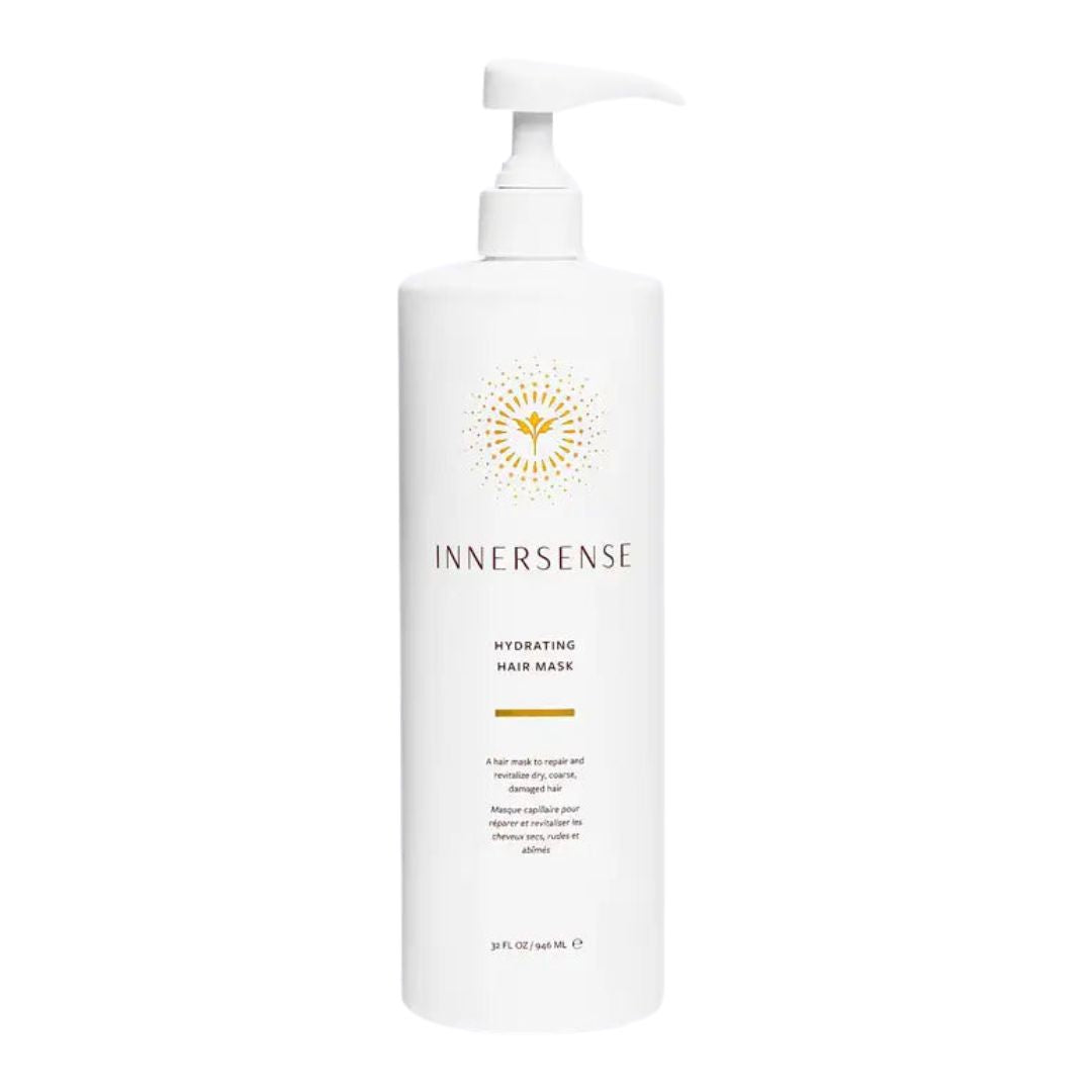 White Innersense Hydrating Hair Mask pump bottle, 32 fl oz, with gold sun logo and text.