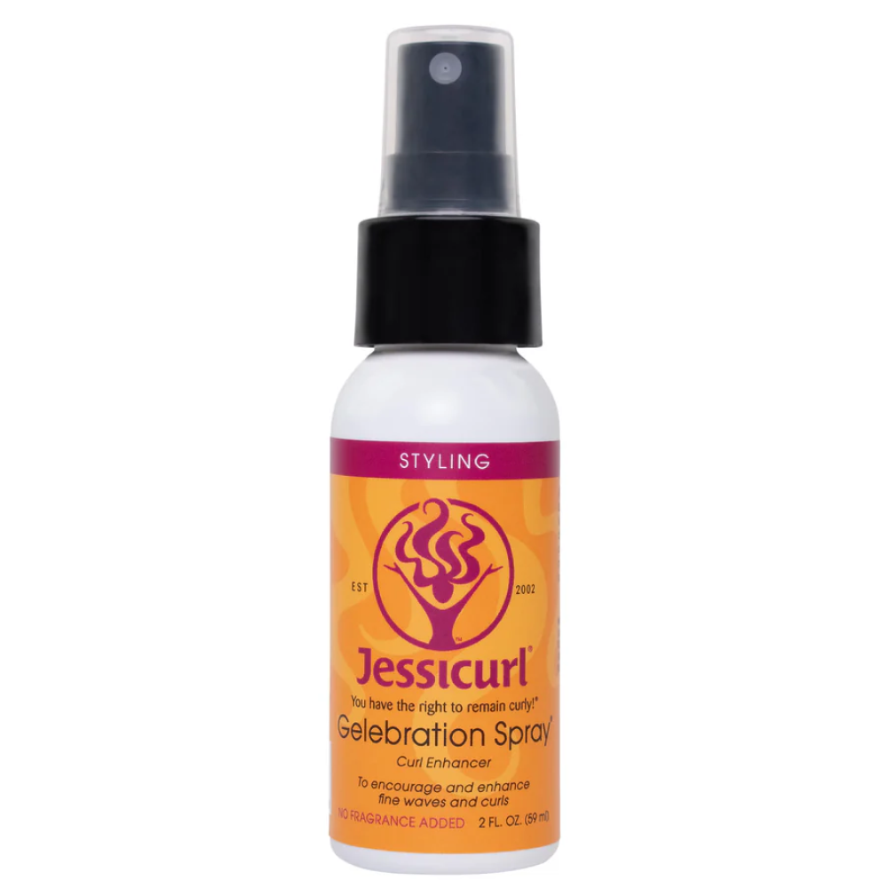 White Jessicurl Gelebration Spray bottle with orange label, black cap, and clear spray nozzle.