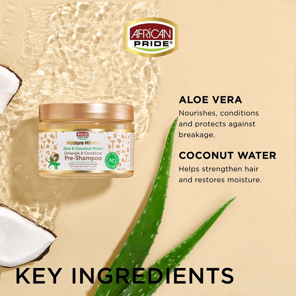 African Pride Moisture Miracle Pre-Shampoo jar with aloe, coconut, and water on a light background.