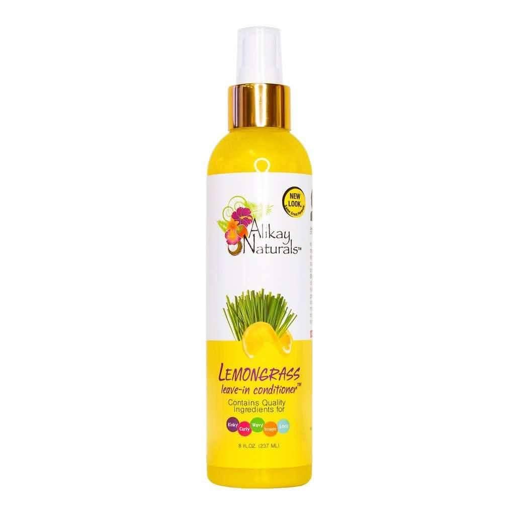 Yellow Alikay Naturals Lemongrass Leave-In Conditioner 237ml spray bottle with gold cap and floral label.