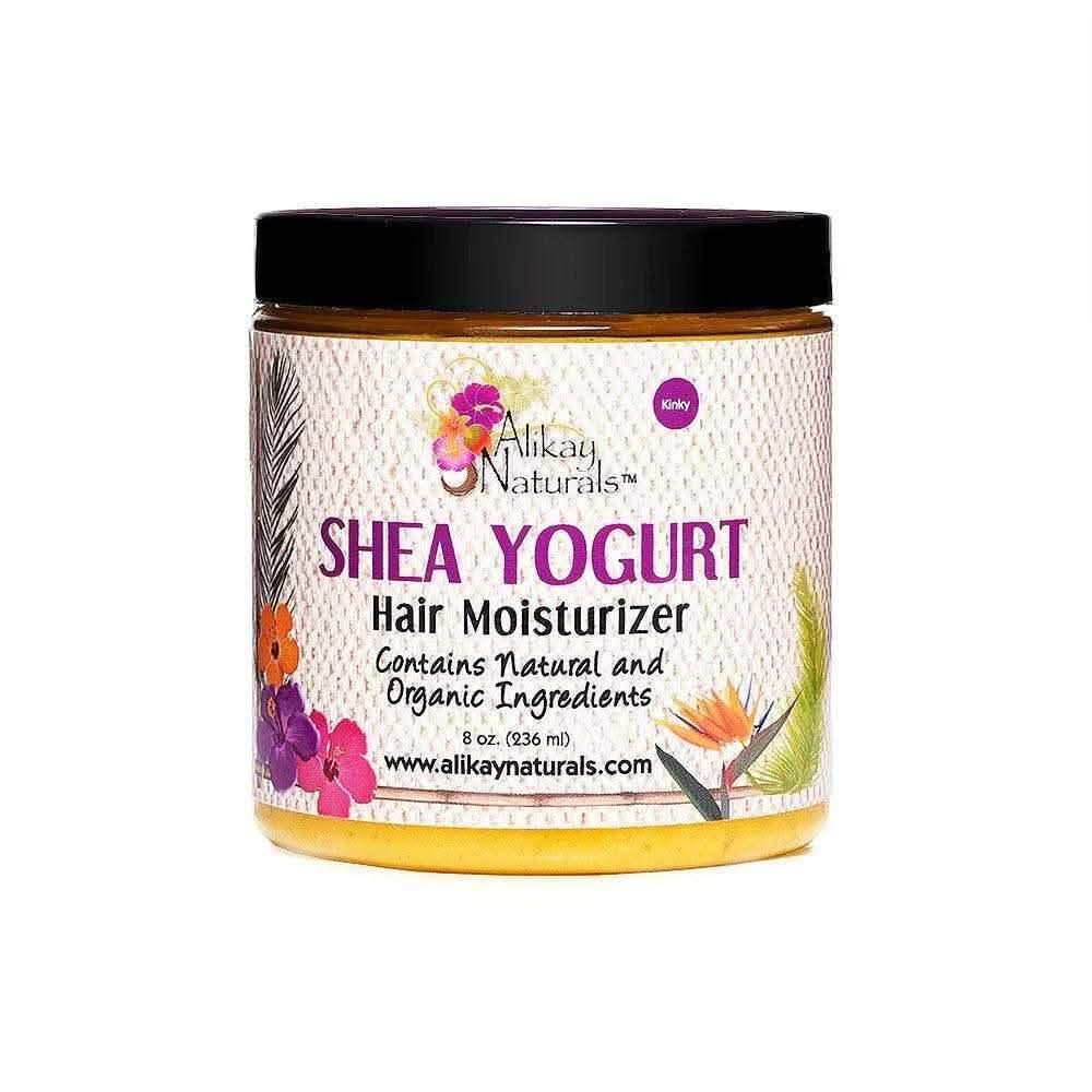 Alikay Naturals Shea Yogurt Hair Moisturizer in a clear jar with a black lid, 236ml, tropical label.