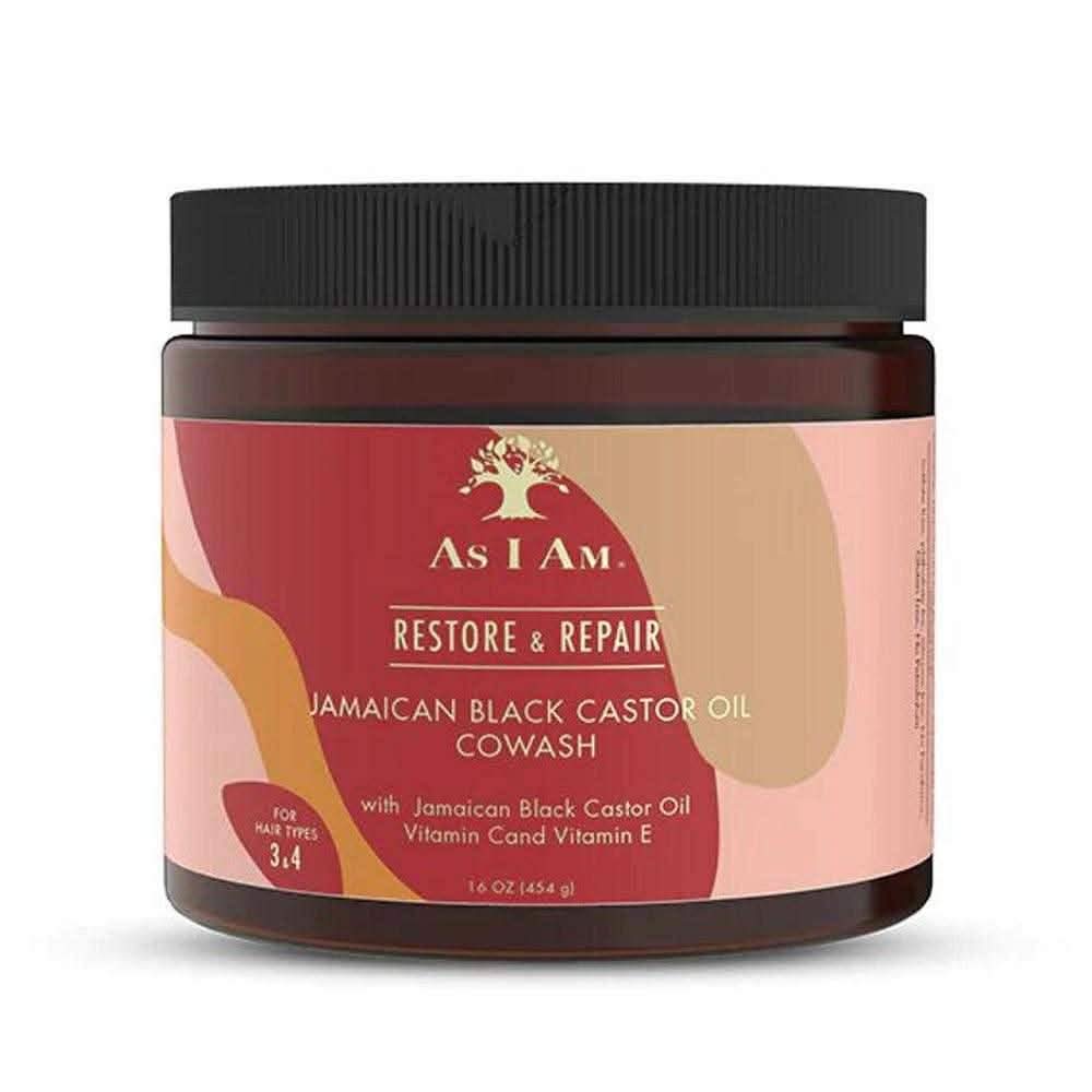 As I Am Jamaican Black Castor Oil Co-Wash 454g in a brown jar with a black lid and red label.