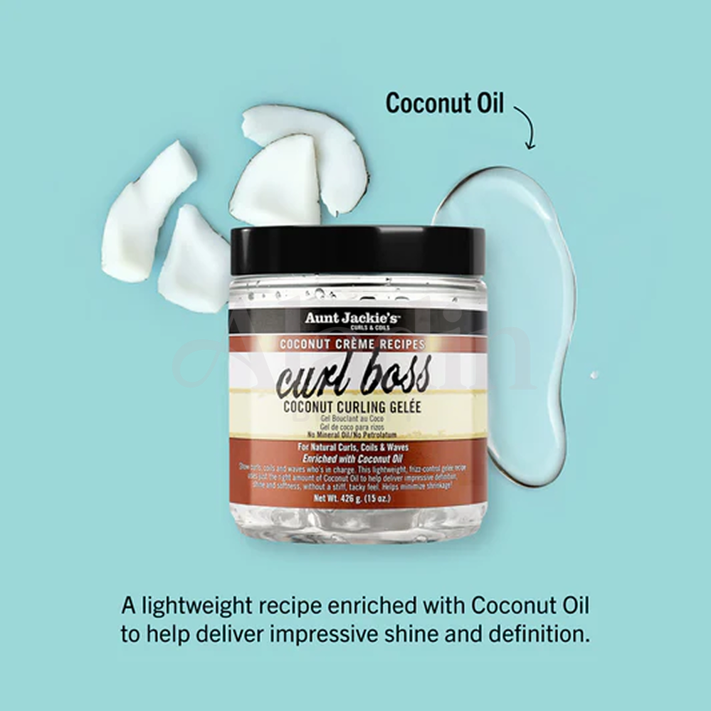 Aunt Jackie's Curl Boss Coconut Curling Gelée in a clear jar with a black lid, surrounded by coconut pieces and a blue gel swatch.