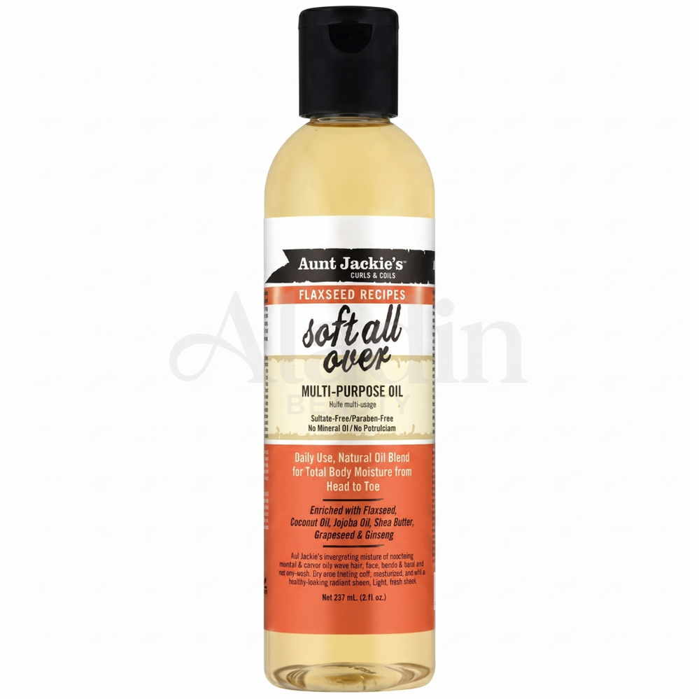 Aunt Jackie's Flaxseed Recipes Soft All Over multi-purpose oil in a clear 237ml bottle with a black cap.