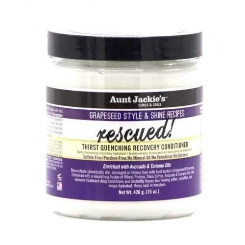 Aunt Jackie's Rescued! Thirst Quenching Recovery Conditioner, 426g, in a clear jar with a black lid.