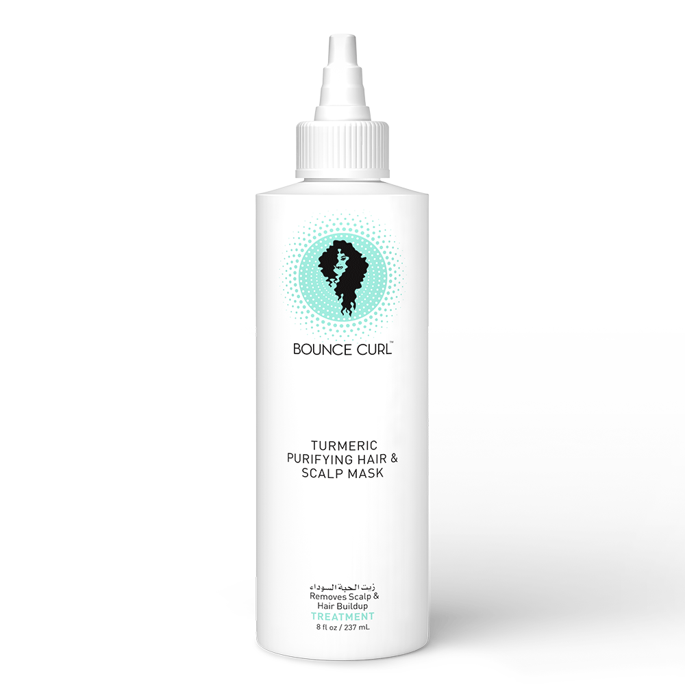 White Bounce Curl Turmeric Purifying Hair & Scalp Mask bottle with a pointed nozzle, 237ml.