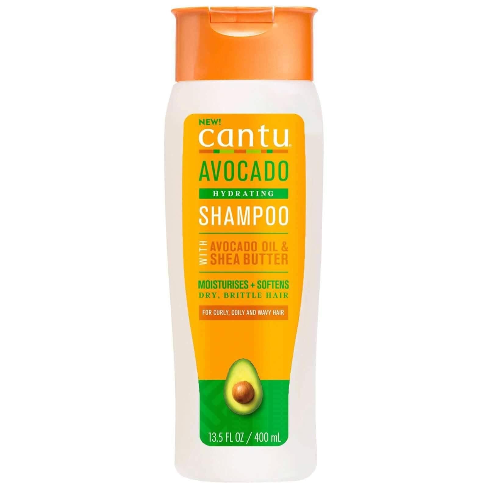Cantu Avocado Hydrating Shampoo 400ml in a white bottle with an orange flip-top cap and green/yellow label.