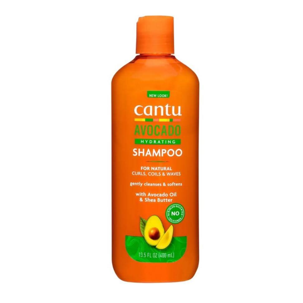 Cantu Avocado Hydrating Shampoo in an orange 400ml bottle with green and white label details.
