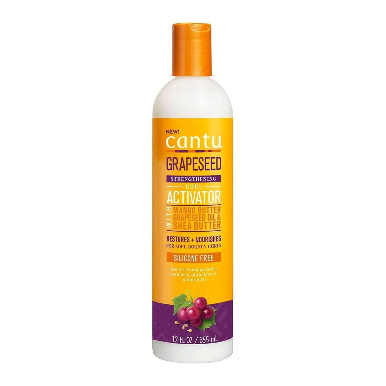 White Cantu Grapeseed Curl Activator Cream 355ml bottle with orange cap and label, featuring grapes.