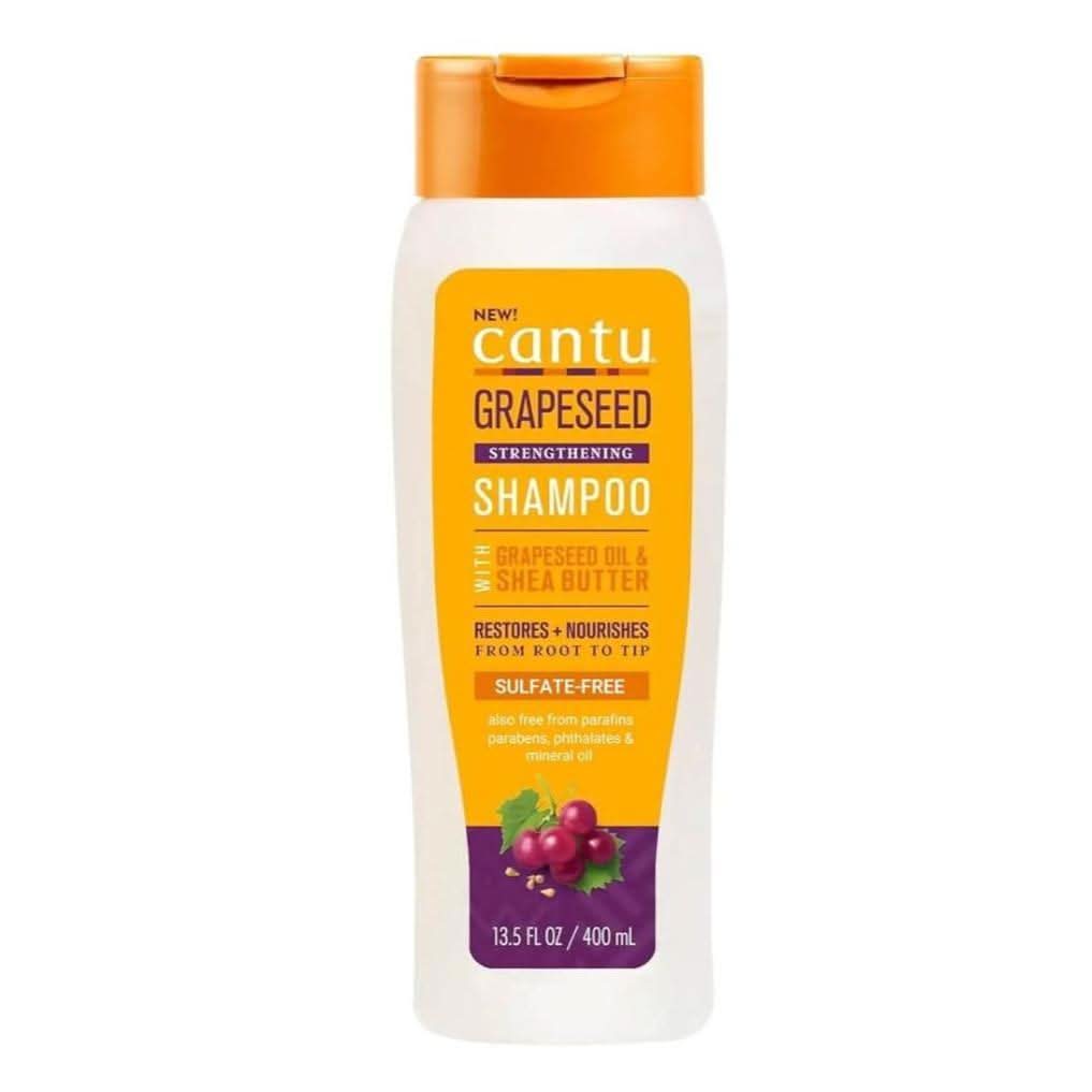 White Cantu Grapeseed Strengthening Sulfate-Free Shampoo 400ml bottle with an orange flip-top cap.