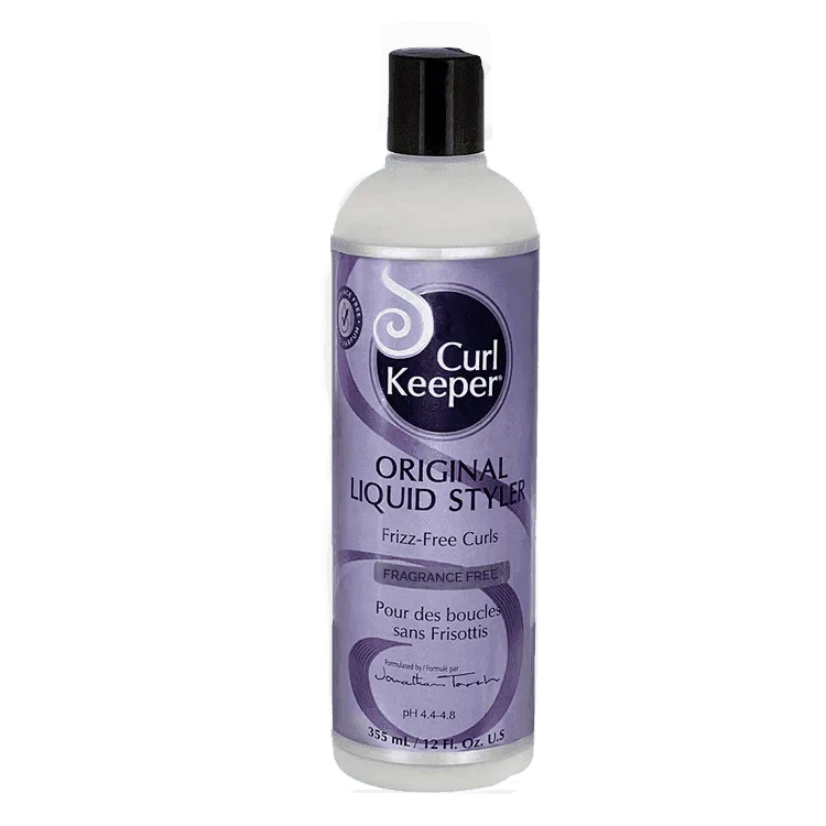 Curl Keeper Original Liquid Styler, a 355ml white bottle with a black cap and purple label.