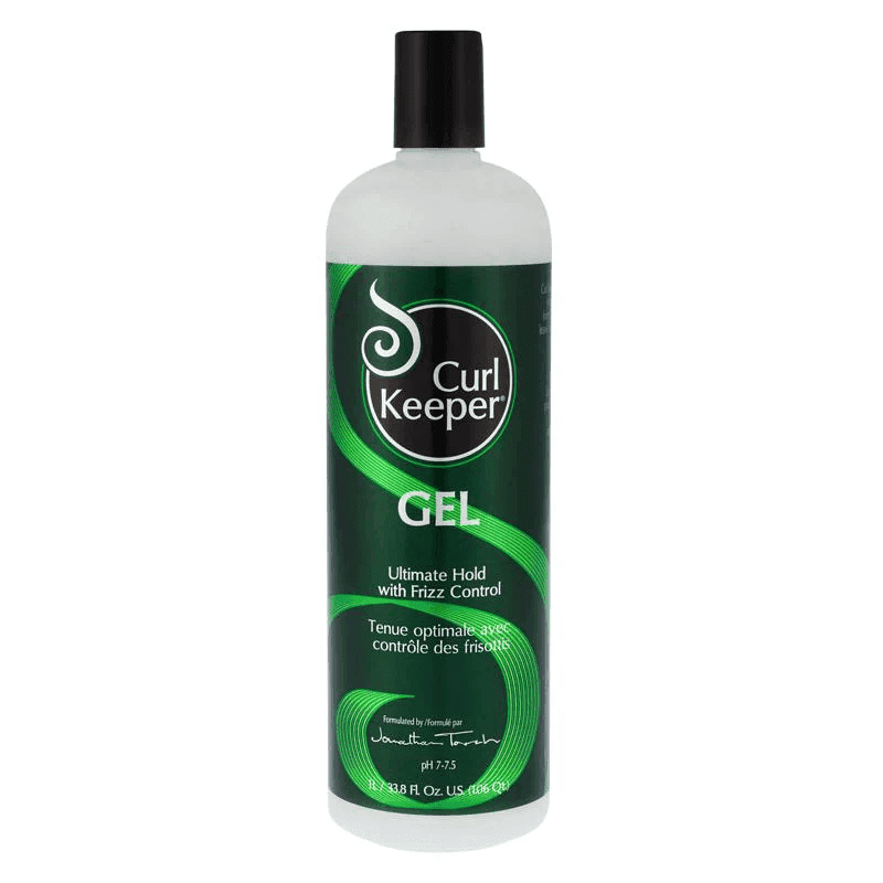 White Curl Keeper Gel bottle with green label, black cap, and swirling design.