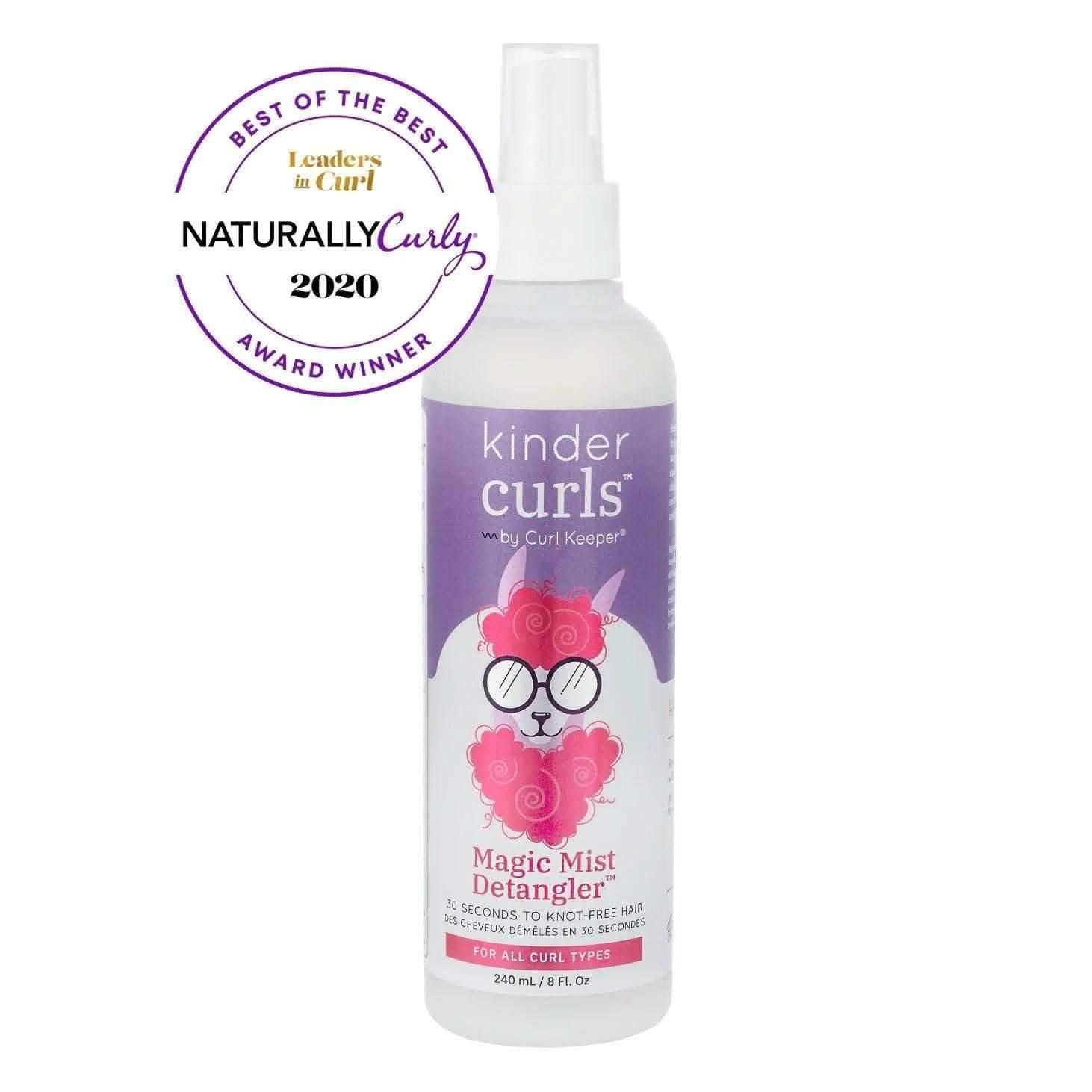 White spray bottle of Curl Keeper Kinder Curls Magic Mist Detangler with a pink llama graphic.