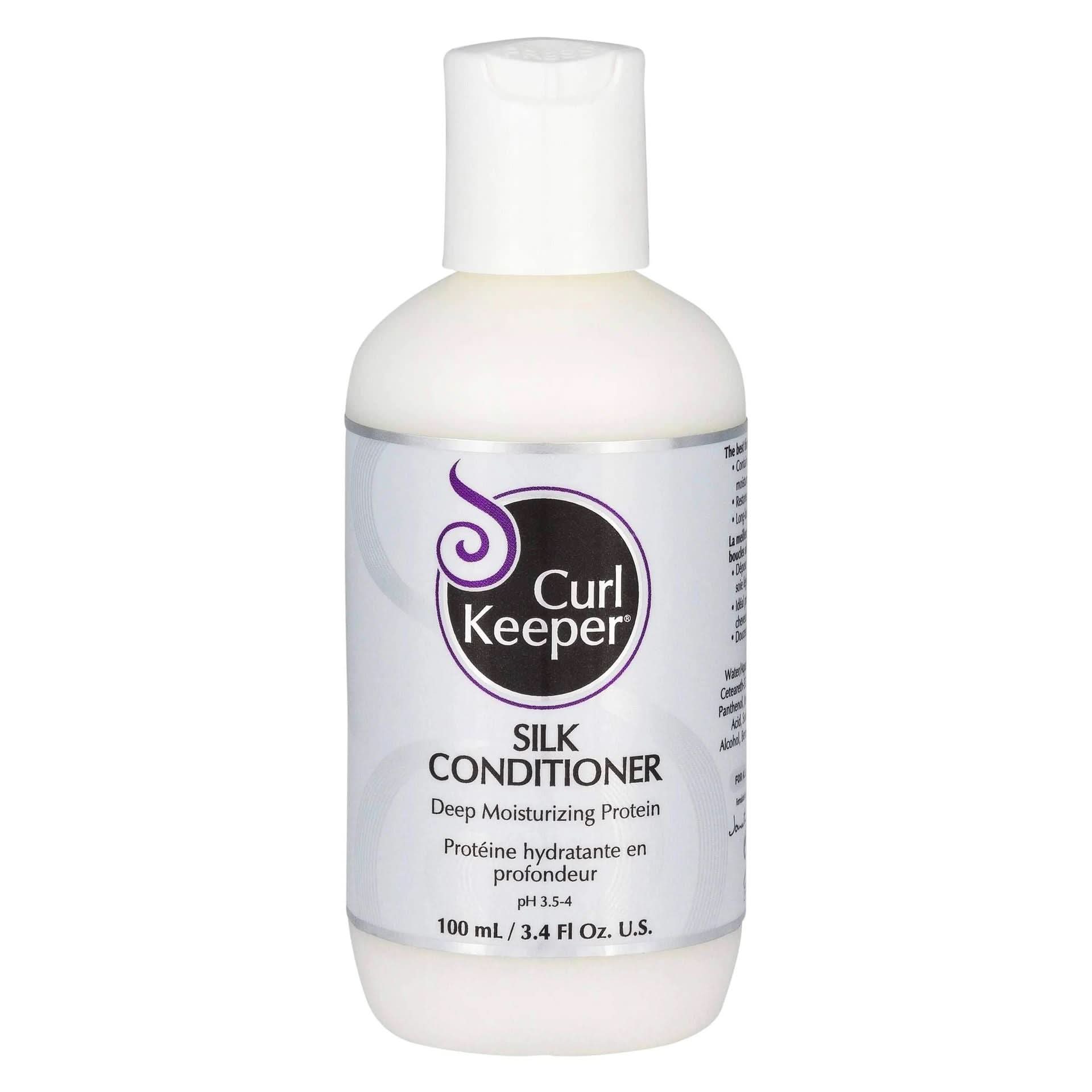 White Curl Keeper Silk Conditioner bottle with purple logo and text, 100ml.