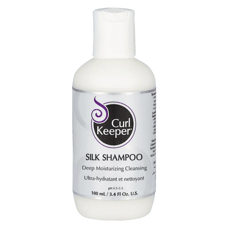 White Curl Keeper Silk Shampoo bottle, 100ml, with purple logo and text.