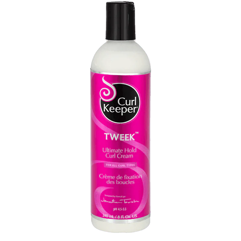 White bottle of Curl Keeper Tweek Ultimate Hold Curl Cream with a black cap and pink label.