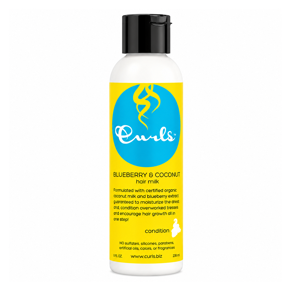 White Curls Blueberry & Coconut Hair Milk bottle with a yellow label and black flip-top cap.