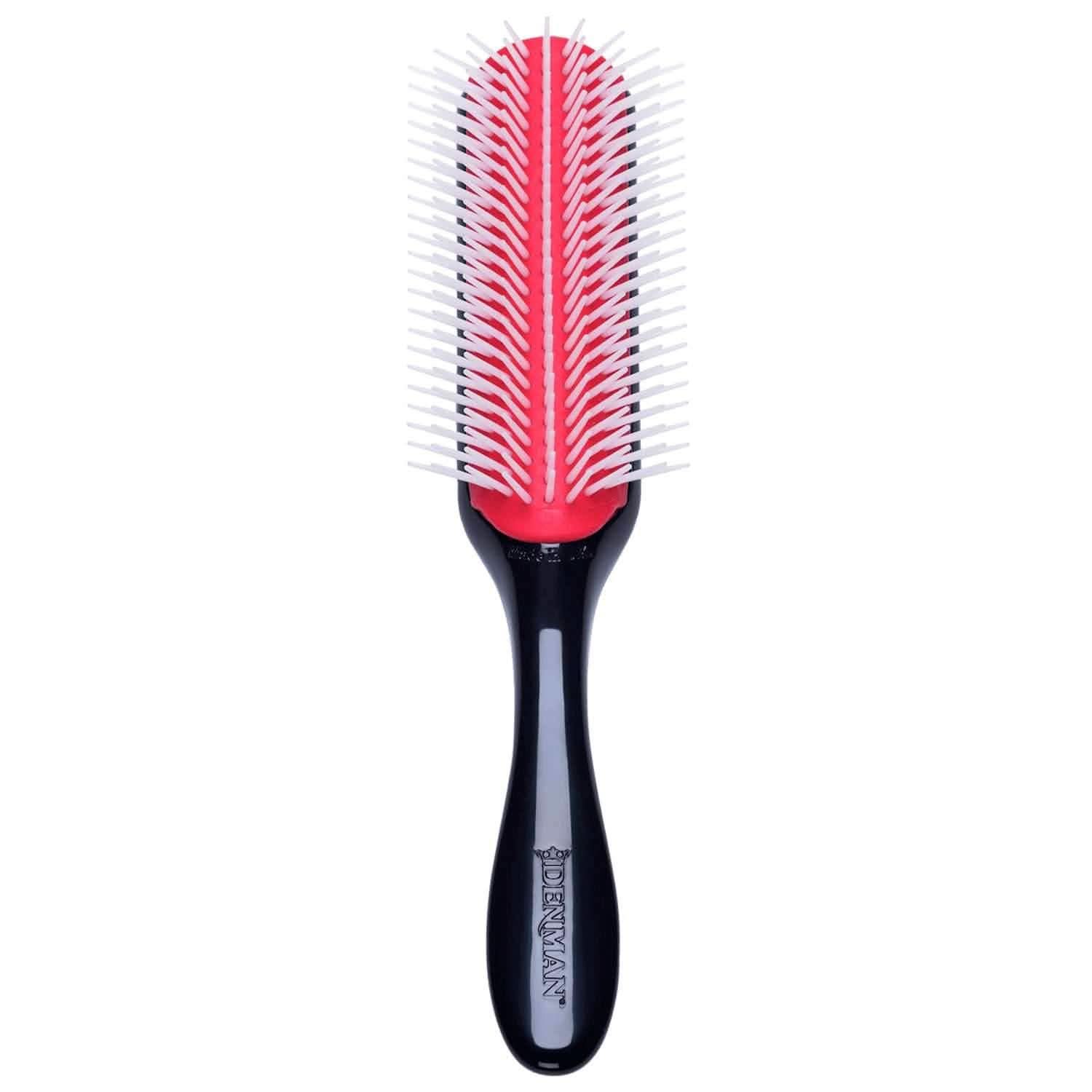 Black Denman 9-Row Styler Brush D4 with red rubber pad and white nylon pins.
