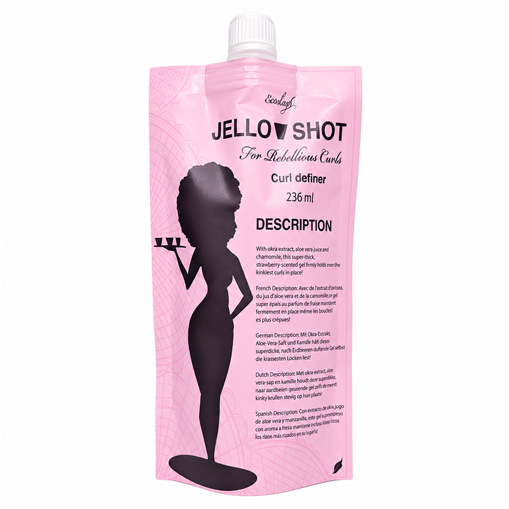 Pink Ecoslay Jello Shot Curl Definer pouch with a white cap, featuring a black silhouette of a woman.