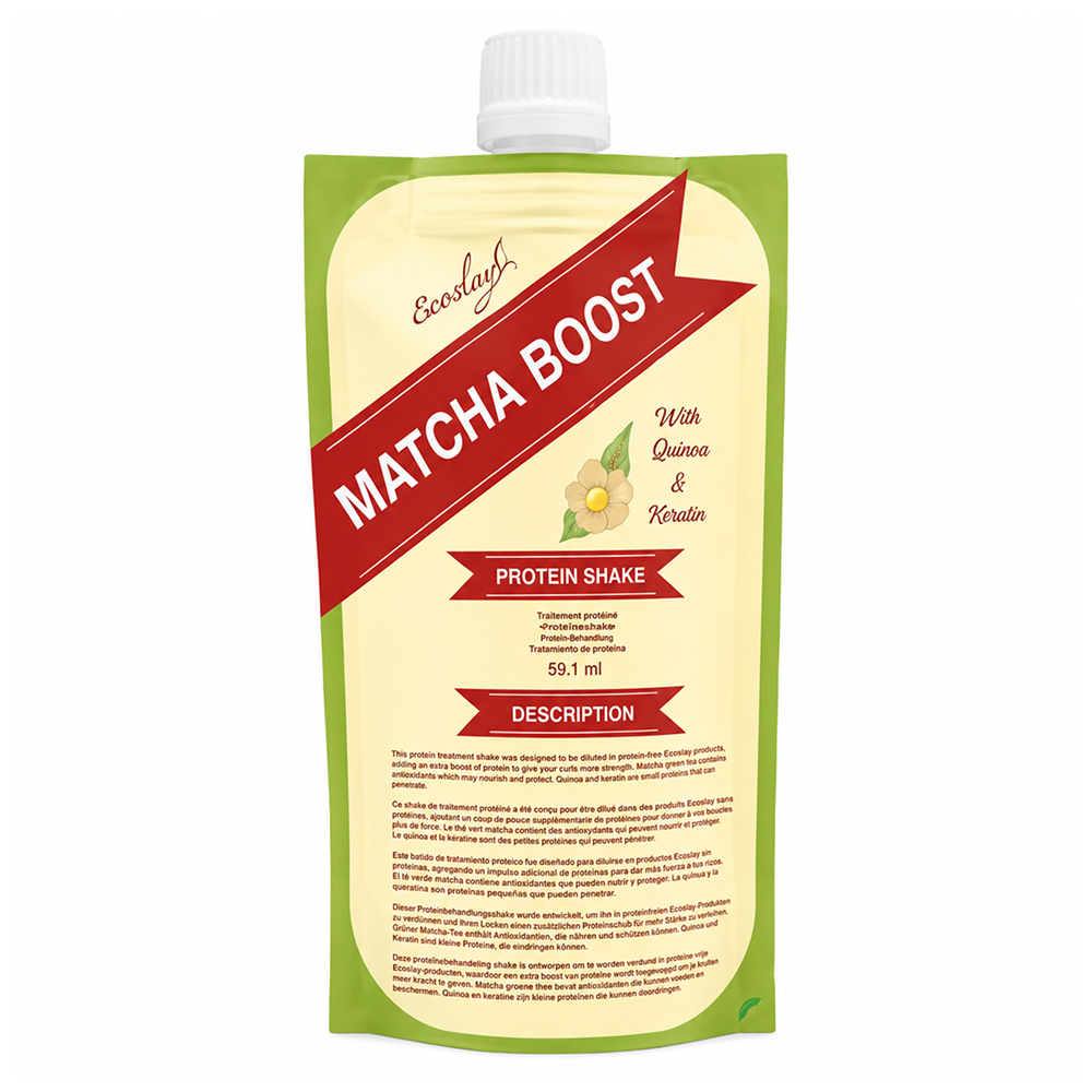 Ecoslay Matcha Boost Protein Treatment in a green and cream pouch with a red banner.