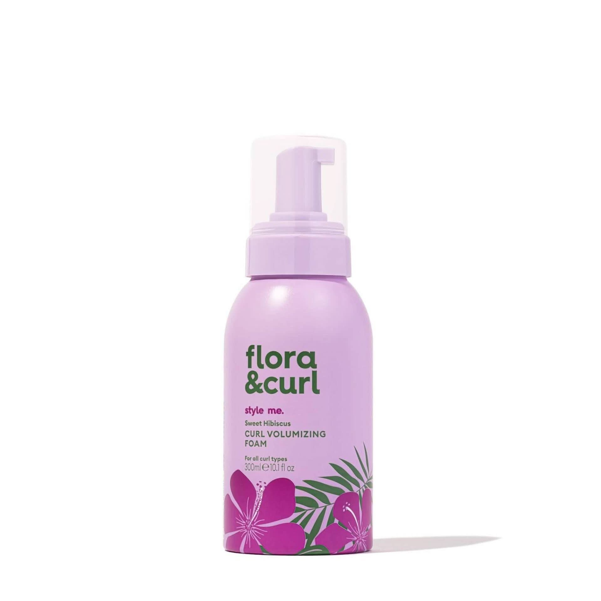 Flora & Curl Sweet Hibiscus Curl Volumizing Foam, 300ml, in a lavender bottle with hibiscus flowers.