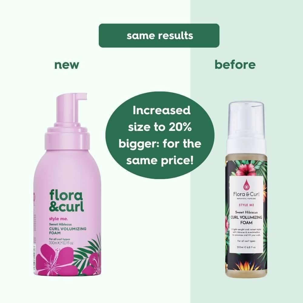 New 300ml pink Flora & Curl Sweet Hibiscus Curl Volumizing Foam next to the old 50ml bottle.