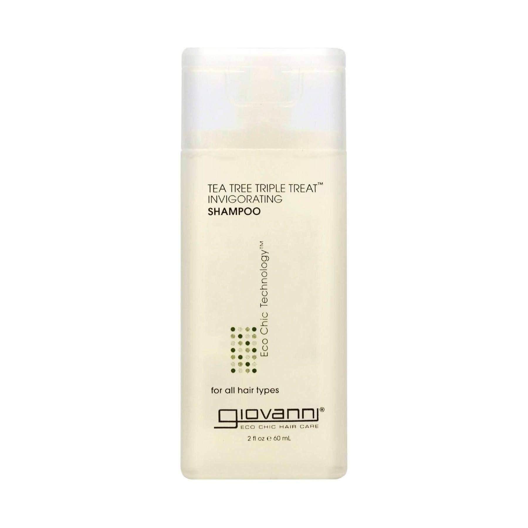 Giovanni Eco Chic Tea Tree Triple Treat Invigorating Shampoo, 2 fl oz, white bottle with clear cap.
