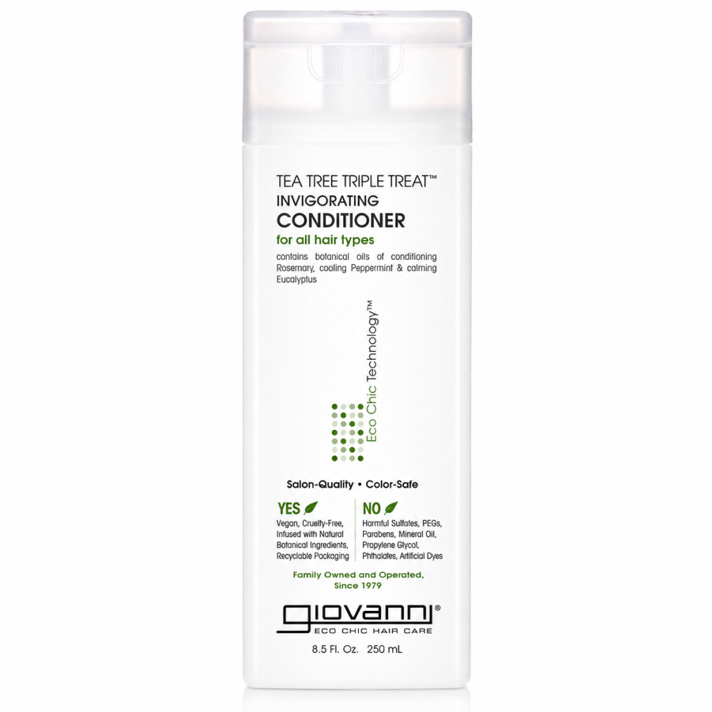 White Giovanni Eco Chic Tea Tree Triple Treat Invigorating Conditioner bottle with green text and flip-top cap.