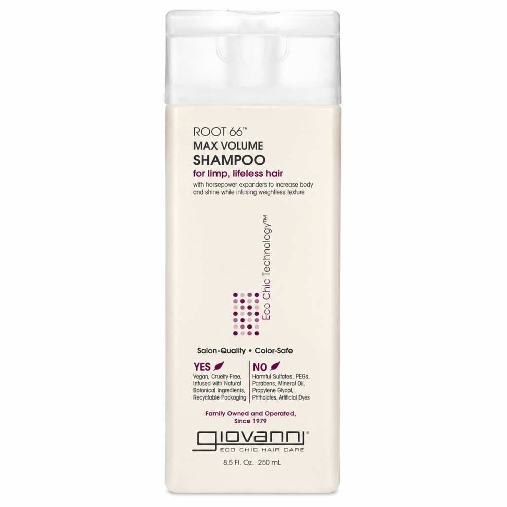 Giovanni Root 66 Max Volume Shampoo, a cream-colored bottle with a white flip-top cap.