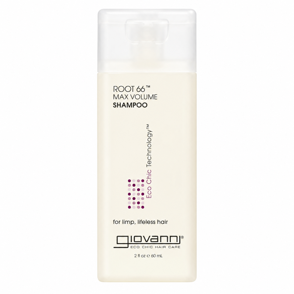 Giovanni Root 66 Max Volume Shampoo in a 2 fl oz (60ml) rectangular bottle with a clear flip-top cap.