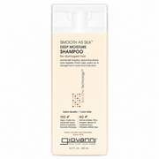 Giovanni Smooth As Silk Deep Moisture Shampoo in a tall, rectangular, light beige bottle with a white flip-top cap.