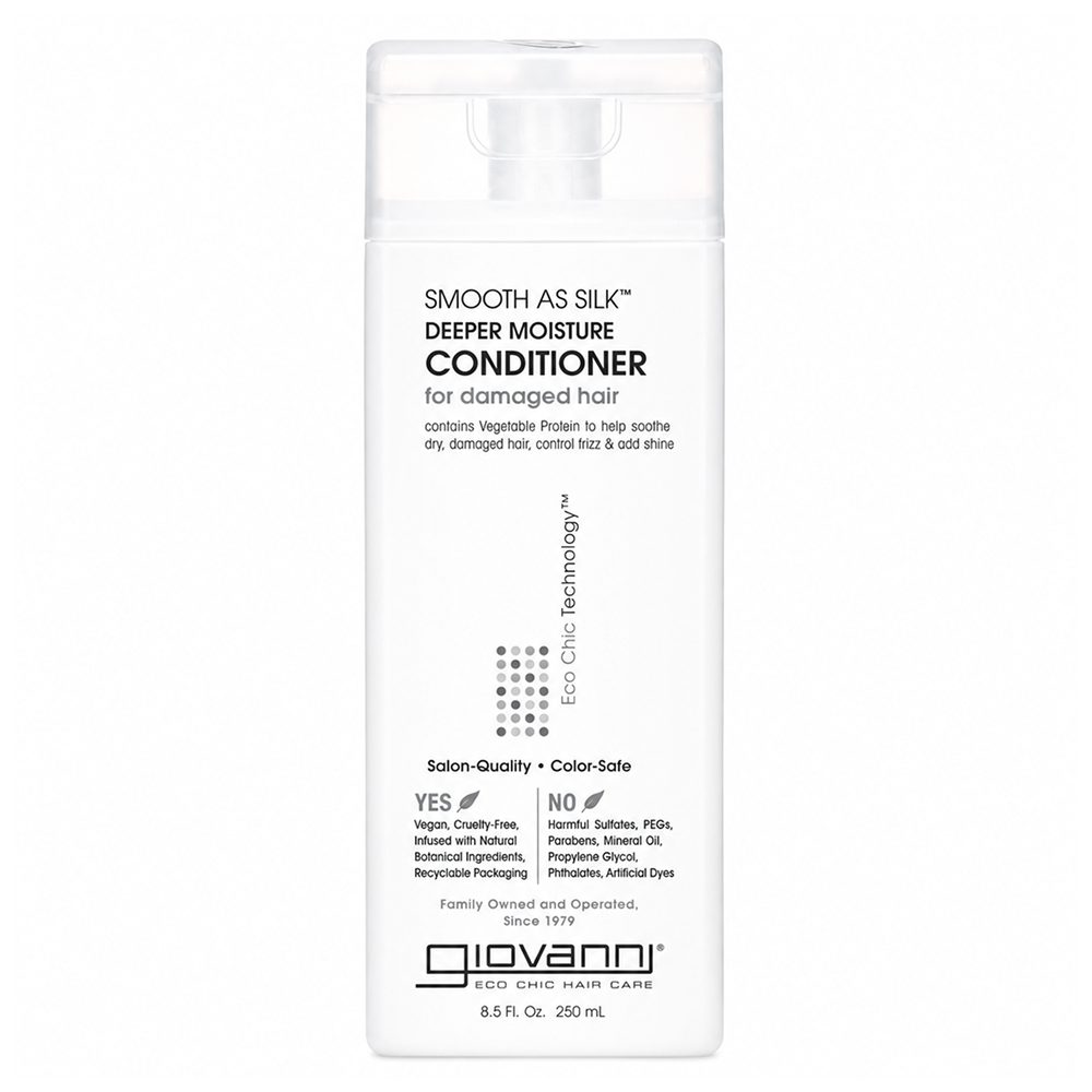 White Giovanni Smooth As Silk Deeper Moisture Conditioner bottle with clear pump top, 8.5 fl oz.