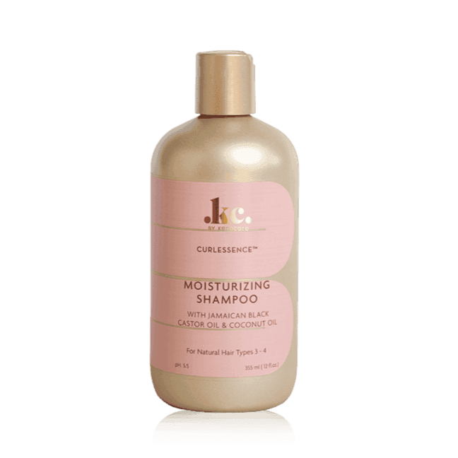 KeraCare Curlessence Moisturizing Shampoo, 355ml, in a gold bottle with a pink label.