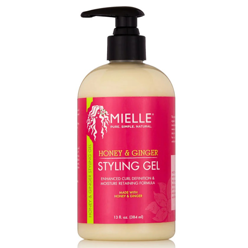 Mielle Honey & Ginger Styling Gel in a 384ml pump bottle with a pink and green label.