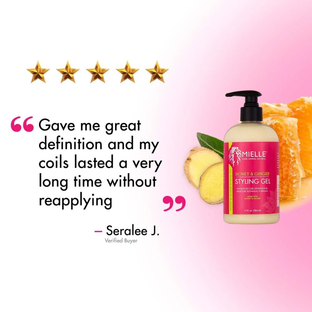 Mielle Honey & Ginger Styling Gel in a 13 fl oz pump bottle, with honeycomb and ginger slices.