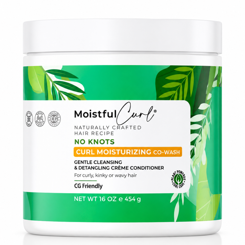 White Moistful Curl No Knots Curl Moisturizing Co-Wash jar with green tropical leaf label, 454g.
