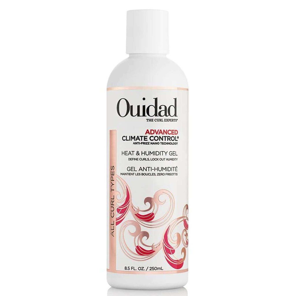 White Ouidad Advanced Climate Control Heat & Humidity Gel bottle with pink and red swirl design.