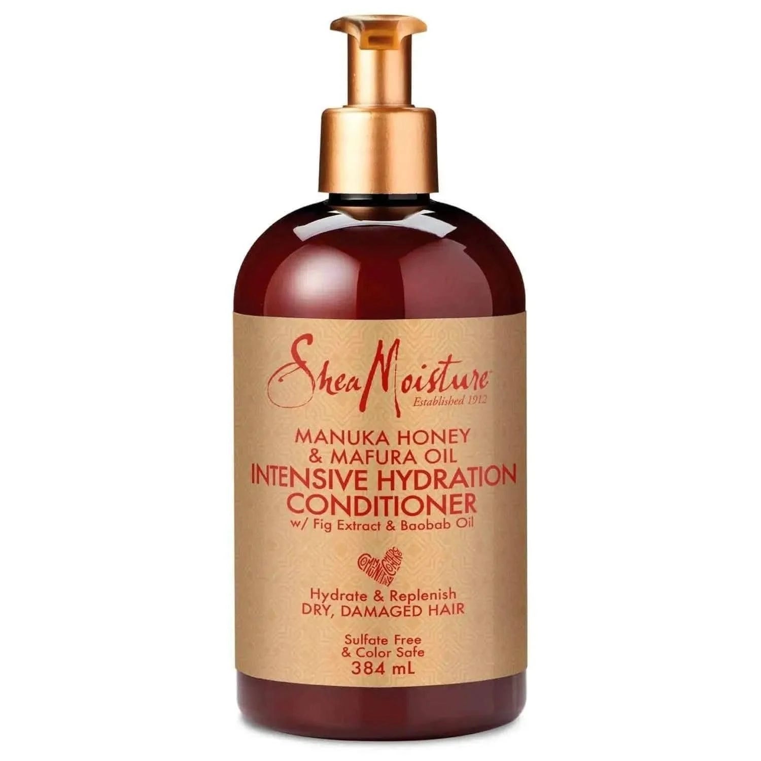 Shea Moisture Manuka Honey & Mafura Oil Intensive Hydration Conditioner in a 384ml dark amber bottle with a gold pump.