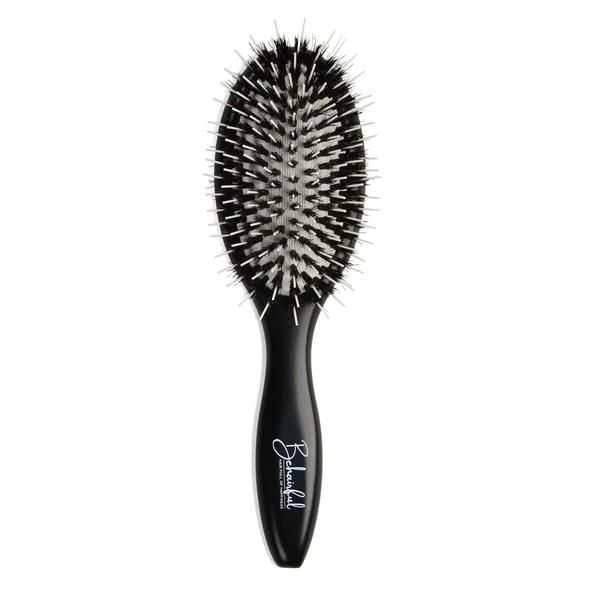 Black oval detangler brush with mixed boar and nylon bristles, "Behairful" logo on handle.