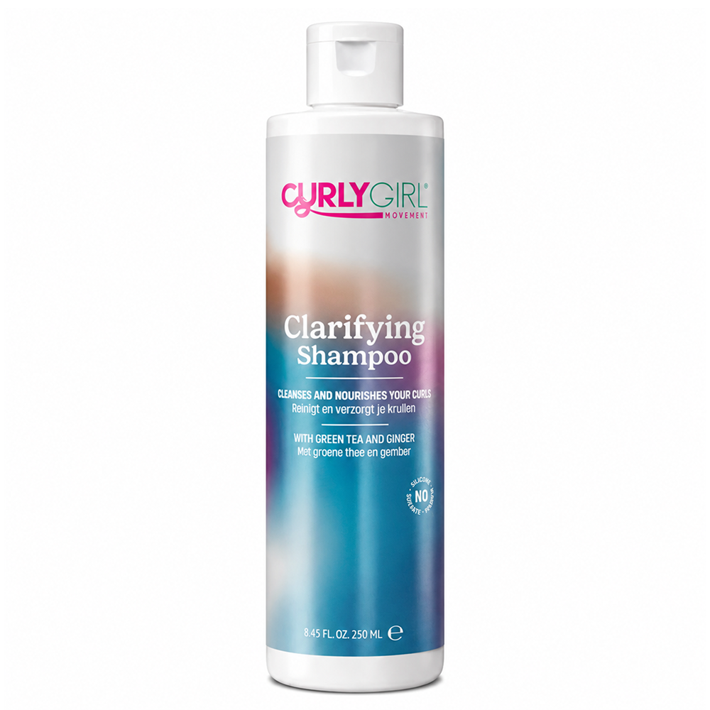 White Curly Girl Movement Clarifying Shampoo 250ml bottle with pink, blue, and green label.